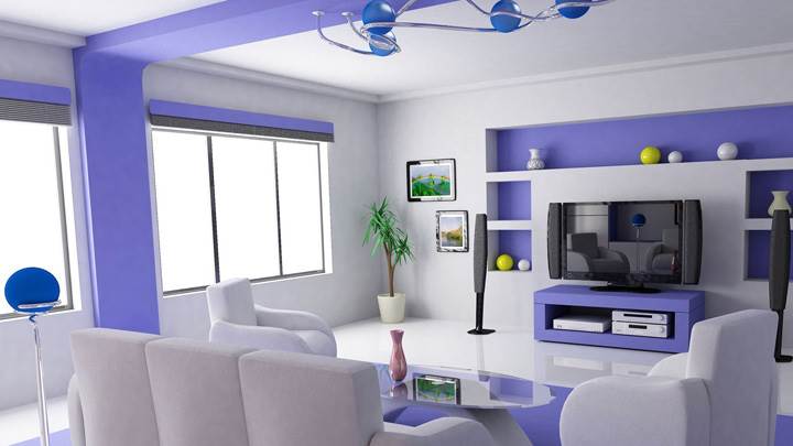 White And Blue Interior in Home Theater Room